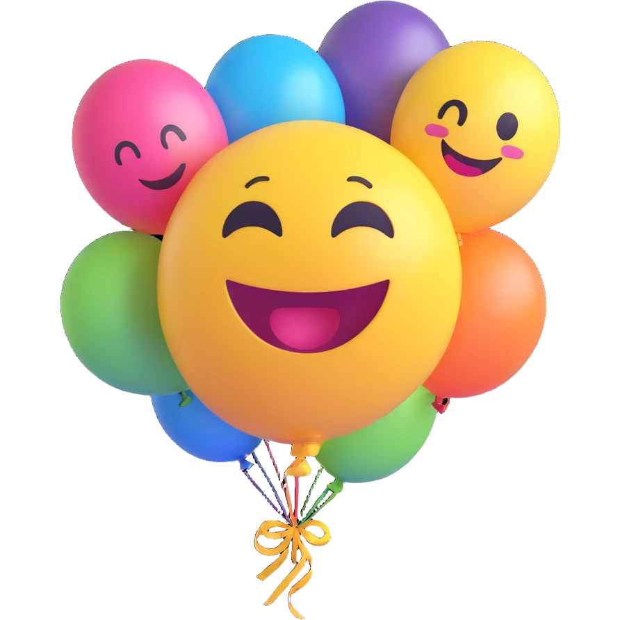 3D smiley emoji, large eyelashes, girly, colorful balloon, laughing emoji