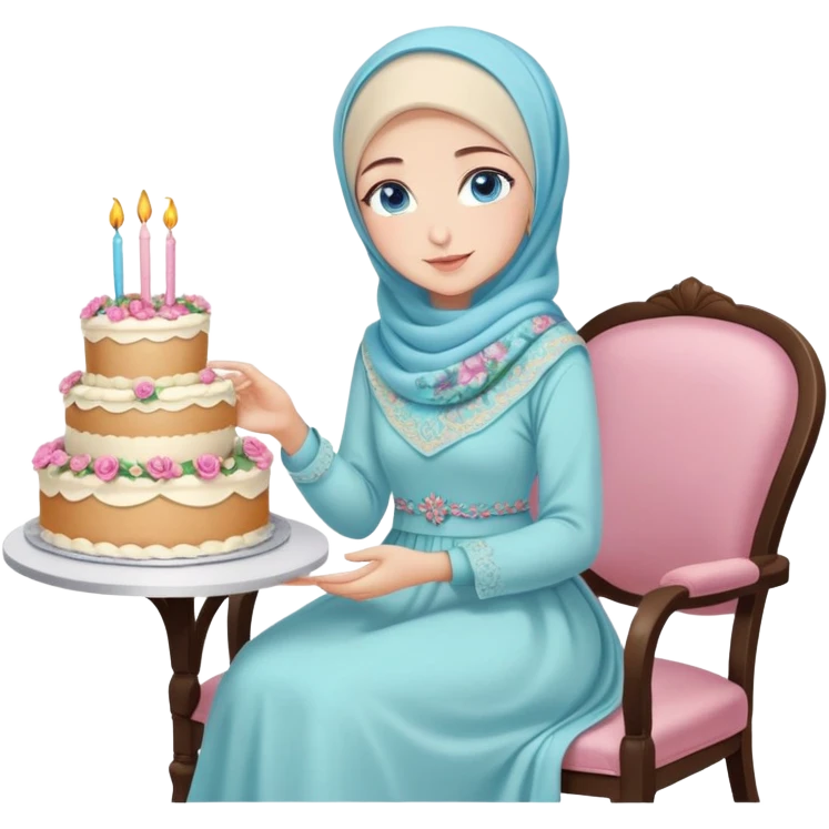 Turkish beautiful finish Konya girl blue eyes with pastel hijab long tail dress and sits on the chair and holds floral cake with her hand  emoji