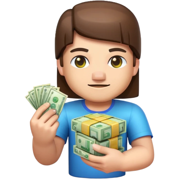emoji style icon, minecraft blocky character holding a stack of money, pixel art style, bright colors, simple background, 3D glossy emoji, centered composition, soft shadow, high detail, clean outline, white background emoji