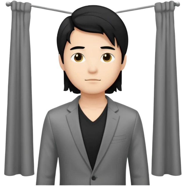 asian young man with long curtains style black hair in grey blazer and black t-shirt  emoji