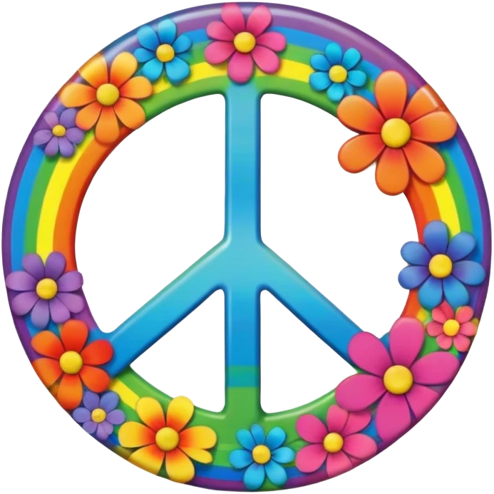 A round psychedelic colored button that says Peace with rainbow colored hippie style flowers emoji