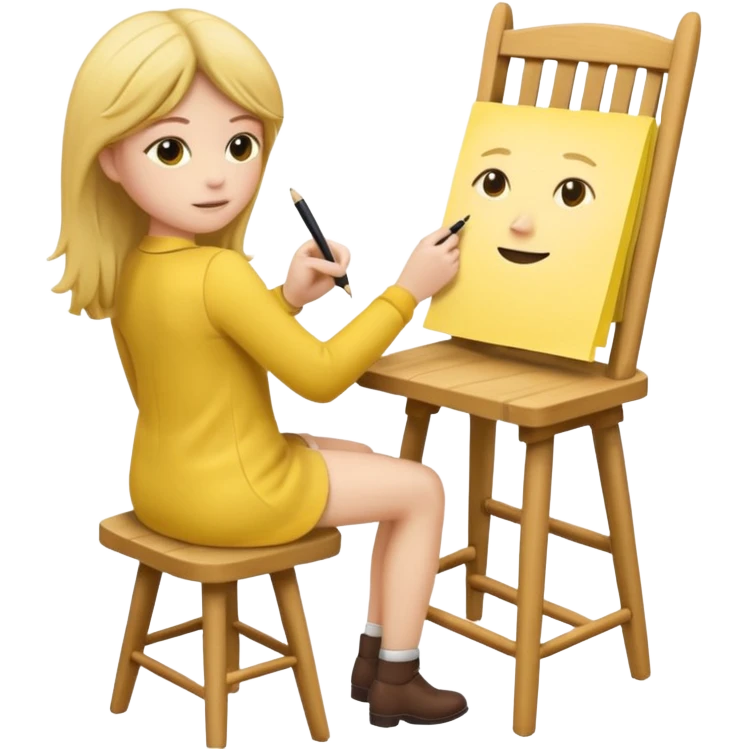 Memoji sitting on a chair from behind (pnly hair and back of the chair shown) writing on a sticky note  emoji