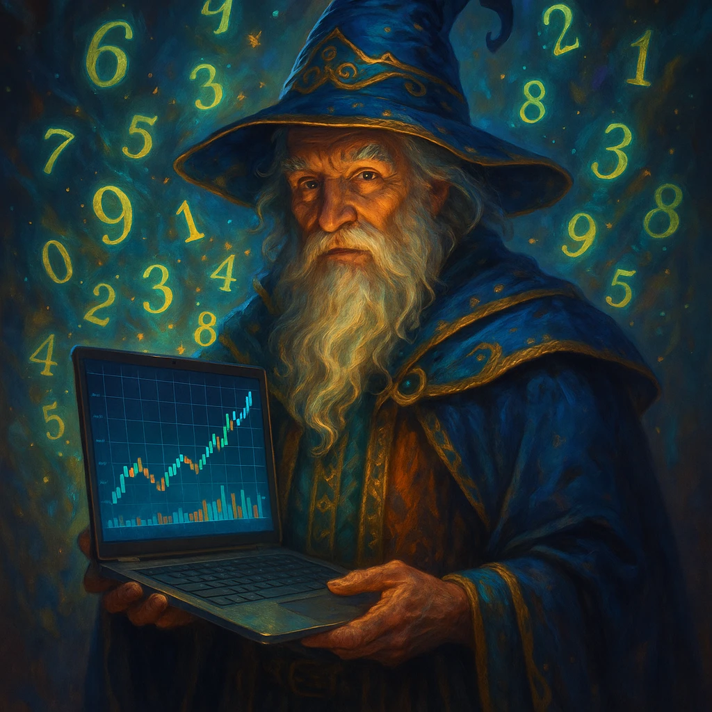 finance wizard character, laptop in hand displaying a finance chart, surrounded by flying numbers, fantasy-inspired style emoji