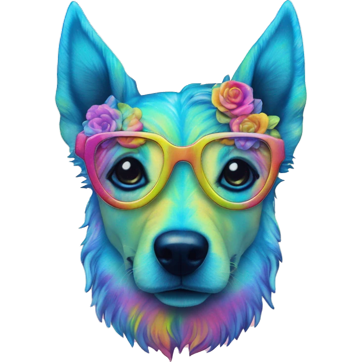 Multicolored rainbow retro groovy tie dye hippie trippy floral patterns on a metallic holographic iridescent blue dog face head unicorn emoji