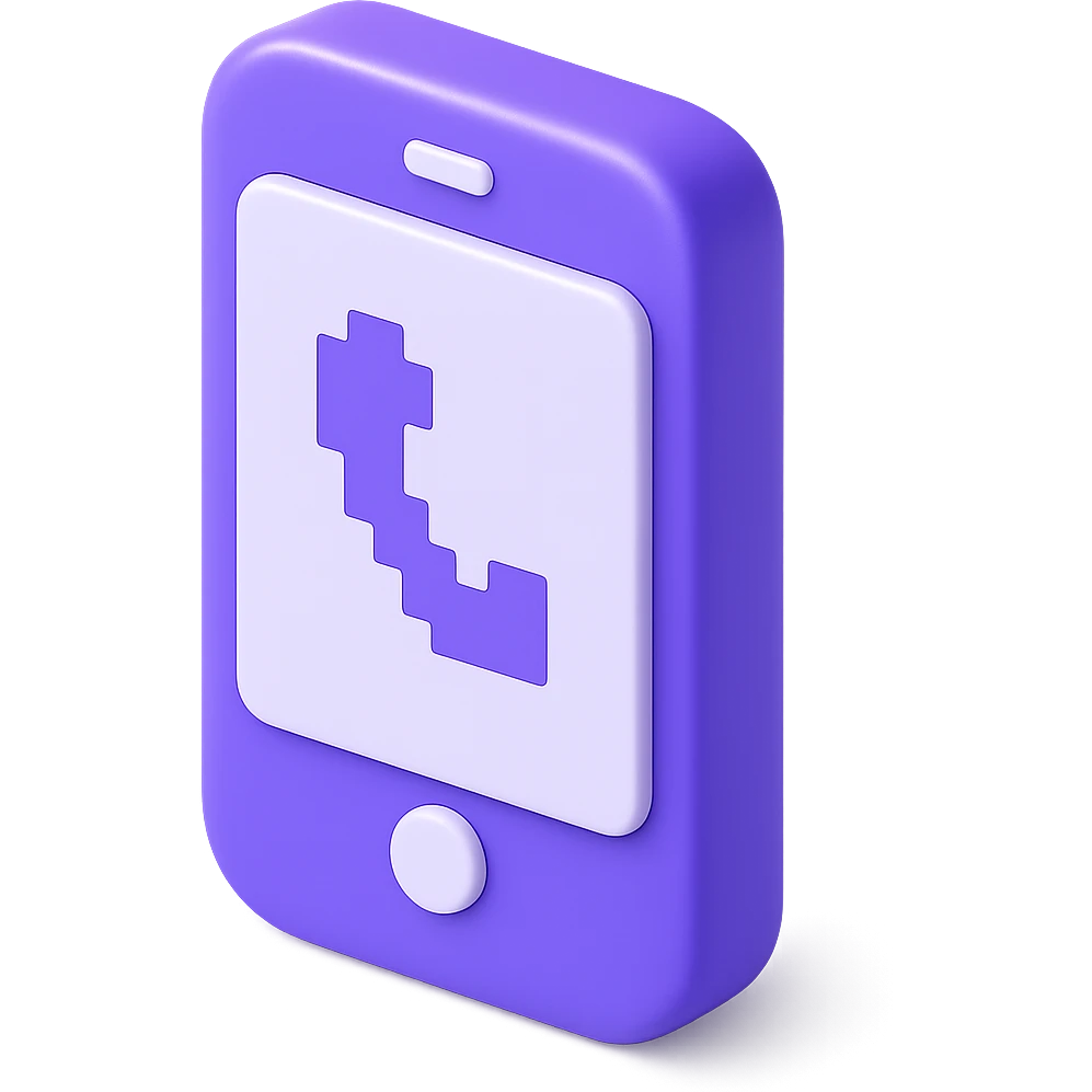 Make this 3D purple smartphone icon front facing, keep pixel art details and shiny look, with transparent background. emoji