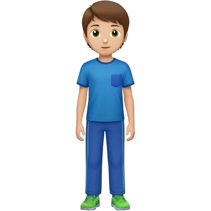 A 8 year old boy with brown hair and eyes. Blue T shirt and green pants  emoji