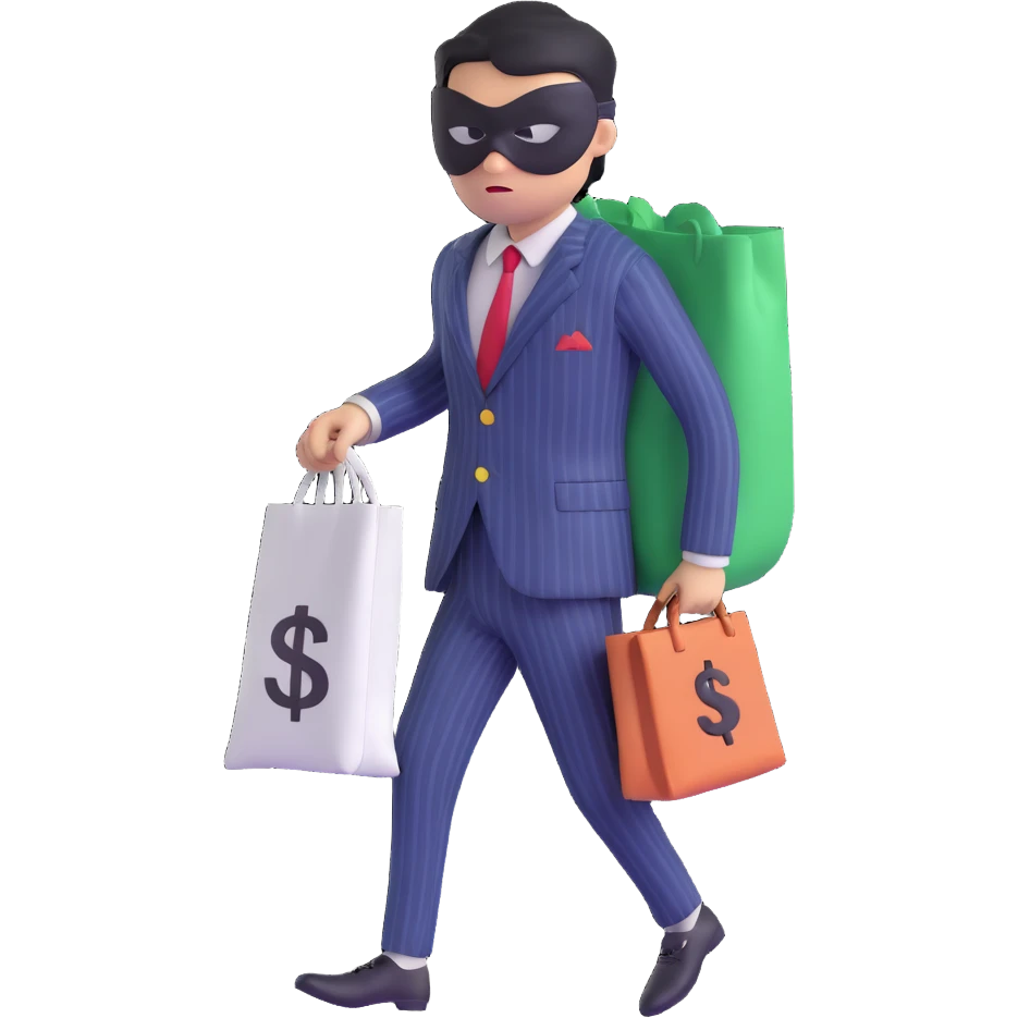 A thief with a bag of money on his back, wearing a striped suit and a black eye mask emoji