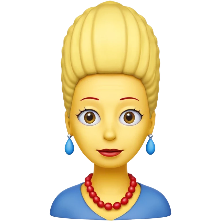 3D emoji head-only, smooth plastic, soft studio light, big round eyes, bold outline, centered, transparent bg,
Marge Simpson, yellow skin, tall cylindrical blue beehive hair, red bead necklace, overbite, no earrings, no eyelashes, no blonde hair emoji
