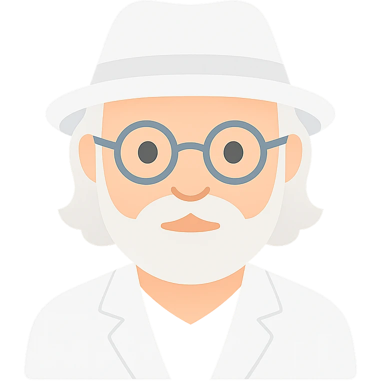old man with a white hat, slightly long white beard, white moustache, round glasses, white suit, white longish hair, color icon emoji
