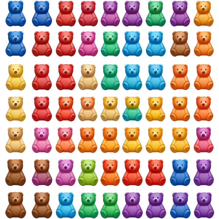 Sixteen different colours of neatly arranged bear gummy emoji