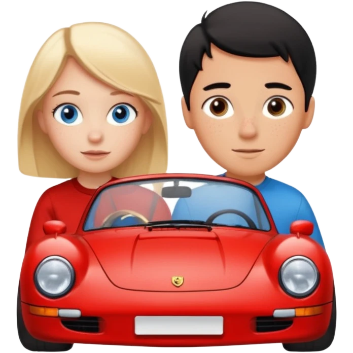 crea un emoji que sea una pareja, una chica rubia con pecas en la cara & los ojos azules & un chico con el pelo negro lindo con ojos cafés que haya un porsche rojo  emoji