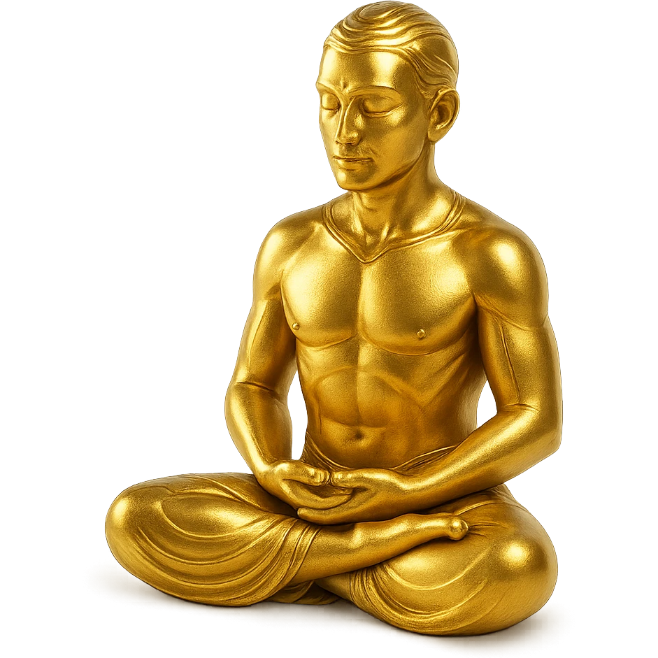 stylized gold figure of a man meditating in the lotus position, serene expression, gold objects style emoji