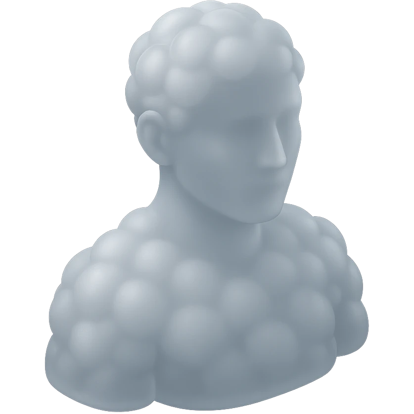 person looking straight, composed entirely of white fluffy convex clouds, shoulders visible, matte glass style emoji