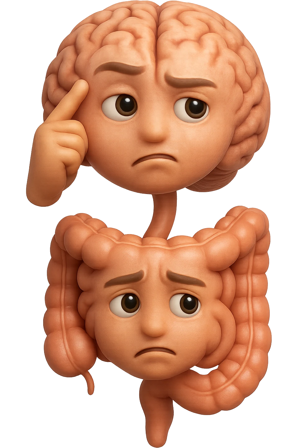 EMOJI STILE IPHONE 3D DI cervello e intestino umani collegati verticalmente con espressione dubbiosa in volto E FALLO MOLTO REALISTICO IN 3D emoji