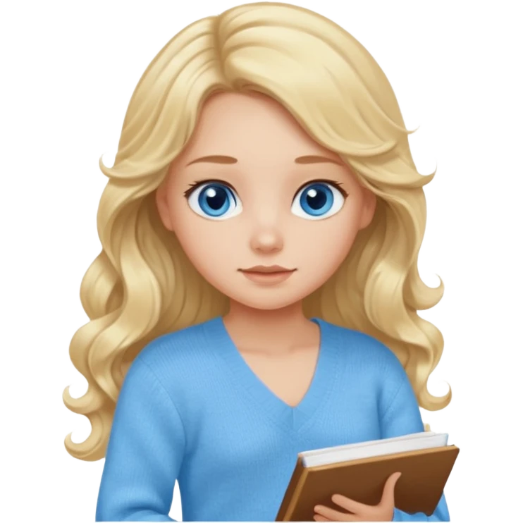make me an emoji of a blonde girl studying, wear a baby blue v-neck knit jumper and no glasses with long curled hair blue eyes and no blackboard emoji