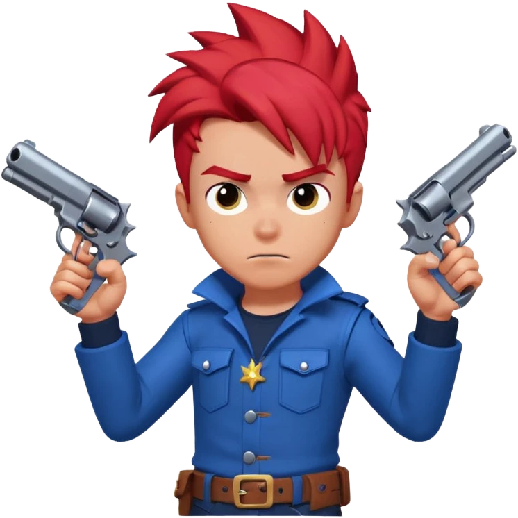 Colt from Brawl Stars, aiming his revolvers, energetic expression, spiky red hair, blue outfit emoji