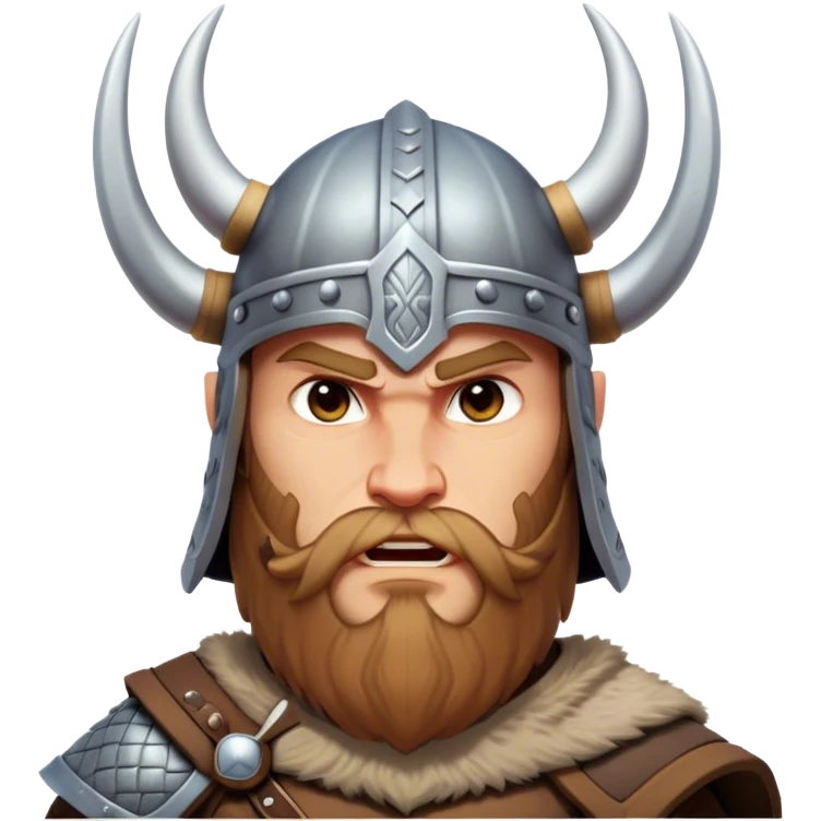 Clash of Clans aesthetic: Cinematic Fierce Viking Portrait Emoji, Poised and bold with a rugged yet stylized build, wearing a simple horned helmet and sporting a neatly trimmed beard, his face rendered in a natural skin tone, intense eyes reflecting fierce determination, Simplified yet dynamic features, highly detailed, glowing with a cool, battle-ready radiance, high shine, brave and resolute, stylized with an air of ancient Nordic valor, focused and commanding, soft glowing outline, capturing the essence of a fearless Viking adventurer ready to set sail on epic quests! emoji