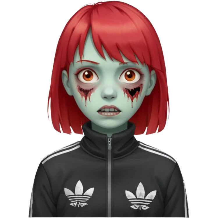 Crie um emoji de uma menina com o cabelo vermelho com uma franja reta zumbi casaco de gola alta da adidas emoji
