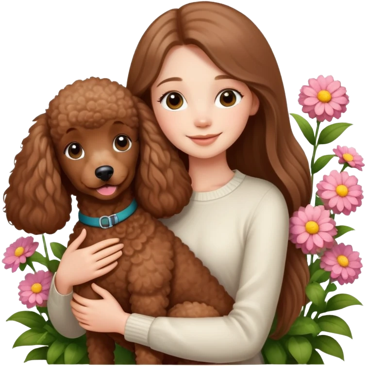 A beautiful girl with long straight hair happily hugs a brown poodle in the flowers emoji