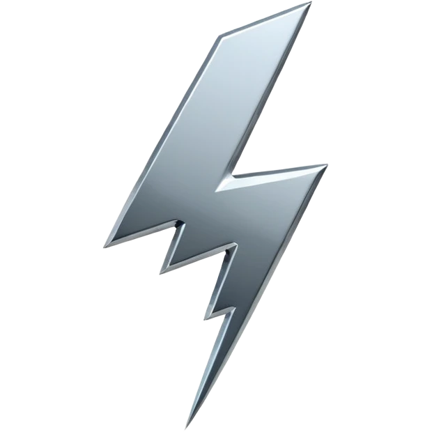 A lightning bolt emoji made of polished silver chrome, sharp yet rounded edges, glossy metallic surface, soft reflections, minimal futuristic design, iOS emoji style, centered, clean white background emoji