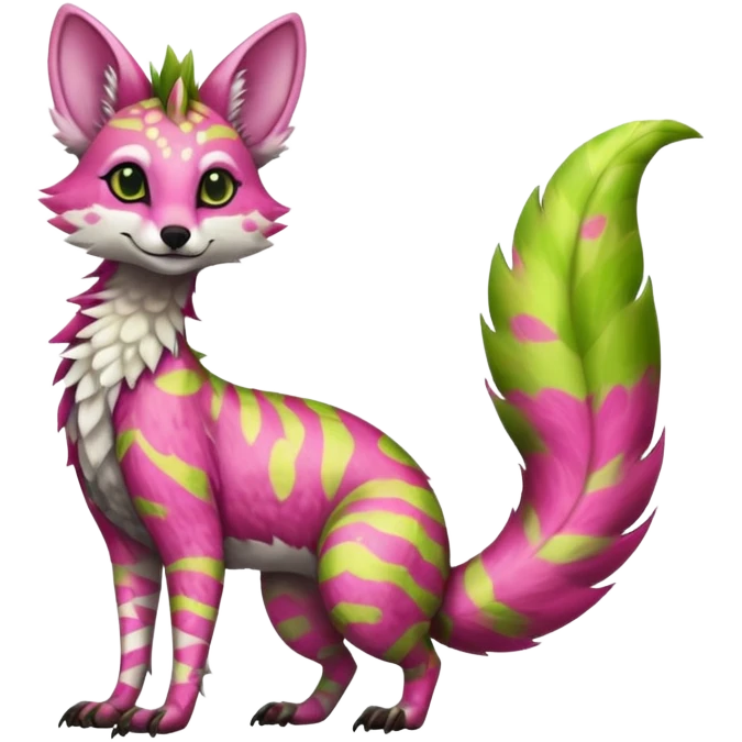 Feral Rare Fantasy   vivid tropical mango-lime-pink splash-patterned silky fur Vernid-Sergal-Genet-Trico-species by LiLaiRa, random markings, tufted tail, tufted ears, full body emoji