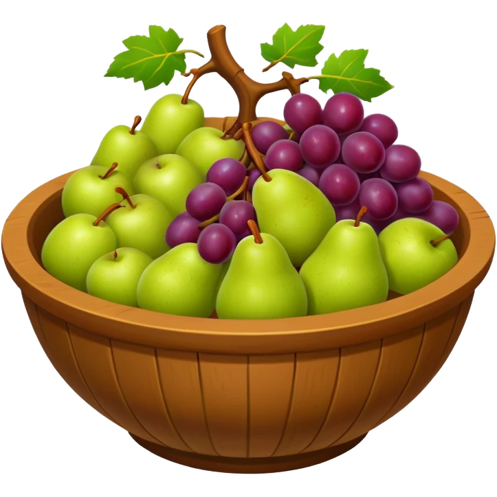 medieval fruit bowl object icon, grapes apples pears, clay bowl, warm rustic look, 3D cartoon, mobile game icon style, clean background, no text, no watermark
 emoji