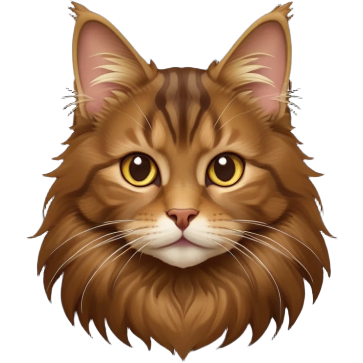 cinematic-cute brown-maine-coon-cat-portrait-emoji,-head-tilted-playfully-and-inquisitively,-sleek--brown-and-gold-tones-with-hints-of-deep-auburn-fur,-simplified-yet-adorable-features,-highly-detailed,-glowing-with-a-warm,-friendly-glow  emoji