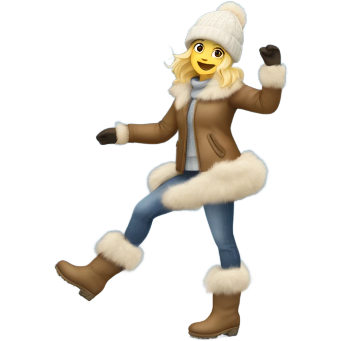 blonde girl in a fur hat dancing in the snow full body fur boots emoji