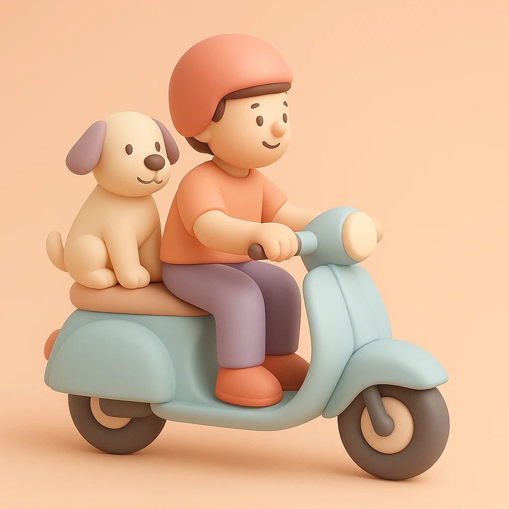 man and his pet dog riding a vespa emoji