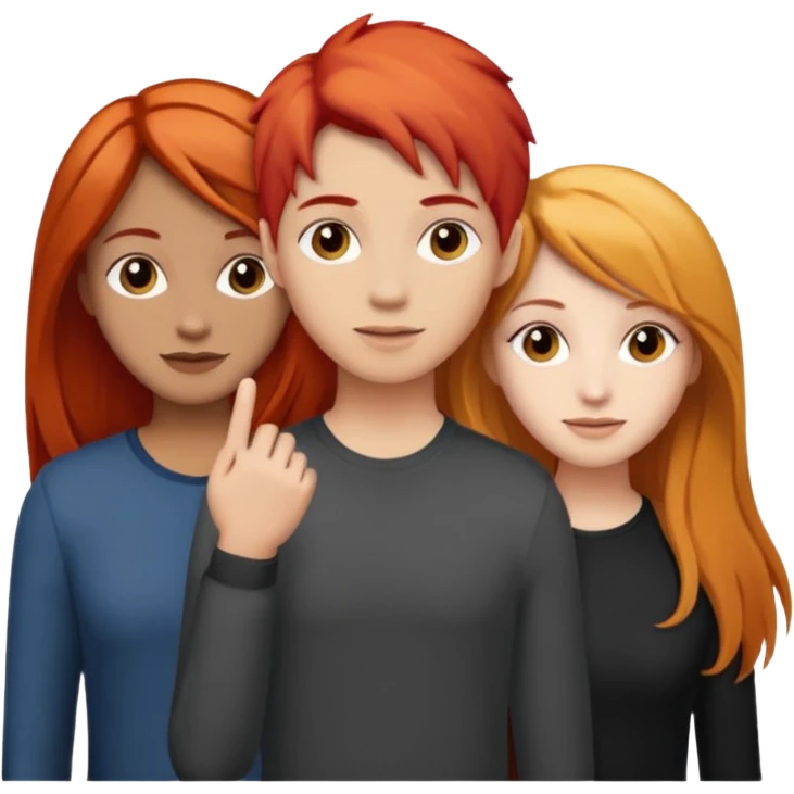 Can you create an image of 3 friends together one with red bright hair light skin one the other with brown hair with some blonde highlights in the hair fair skin the last one with light brown a tint of orange hair and black long hair emoji