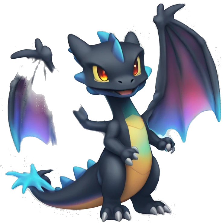Black shiny chibi Mega-Charizard-X-Raptor-Fakémon with nebula-gradient colors full body emoji