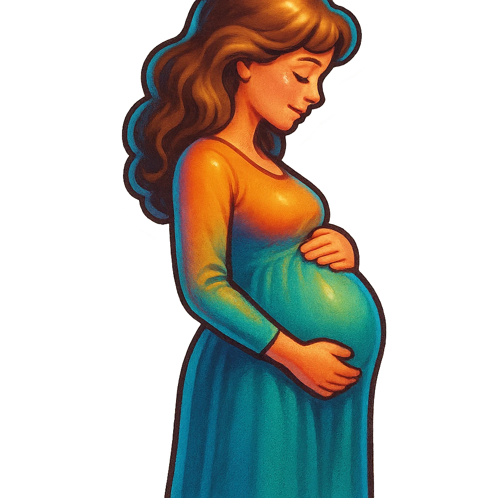 pregnant girl in long dress standing sideways holding belly, retro stickers style, soft rounded shapes, expressive contours, vintage color palette, light paper texture, shadows and highlights, transparent background emoji