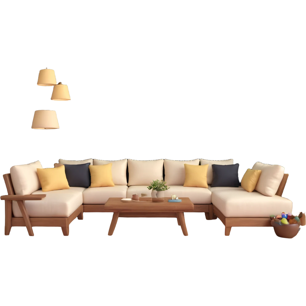 large open concept room with cream walls, wooden floor, cute decorative pillows, wooden furniture emoji