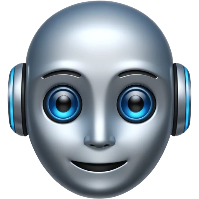 friendly AI robot emoji with a smiling face, simple and approachable design, metallic features, glowing blue eyes emoji