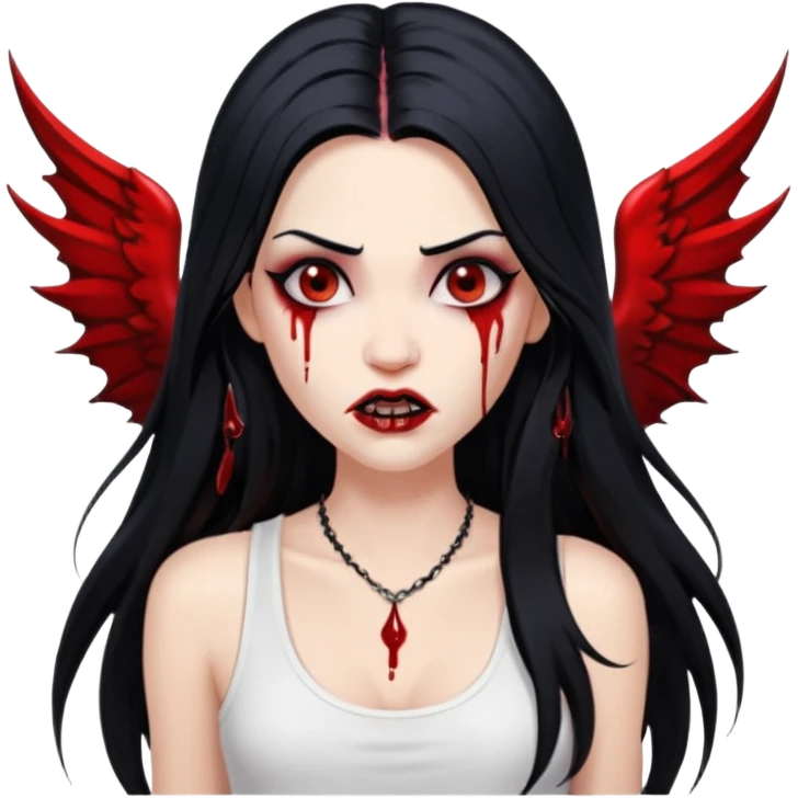 White woman with a white tank top long black hair glossy middle part long hair vamp look with fangs or blood dripping down lips brown eyes eyeliner winged with lashes top and bottom white border emoji
