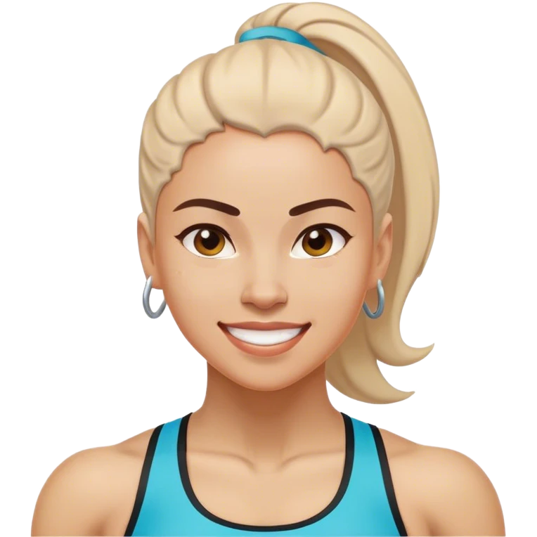 A woman in athletic wear is sweating it out in the gym, her face adorned with a confident smile, her muscles well-defined, showcasing strength and grace. emoji