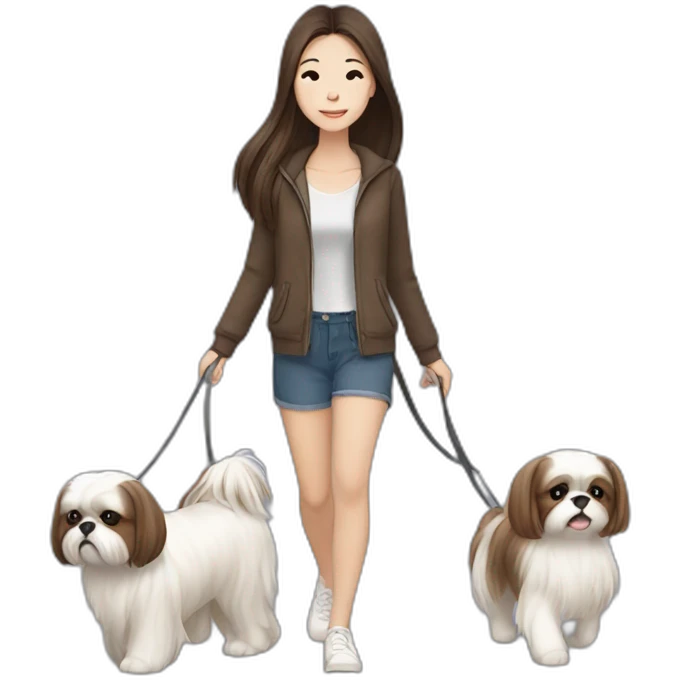 a asian girl with long brown hair walking with a white and brown shih tzu emoji