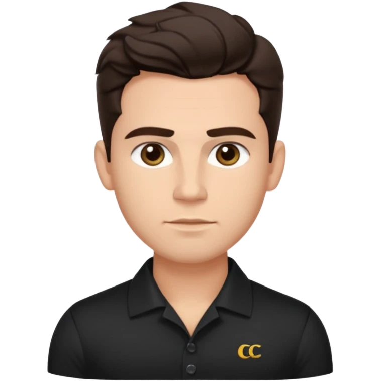 He’s a man with light to medium skin, a defined oval face, full brows, deep-set eyes, and wavy short dark brown tall hair styled with height, sides are trimmed. muscular. expression calm and focused relaxed black black button shirt open collar. polished, articulate, and coach vibe. tall hair tall  emoji