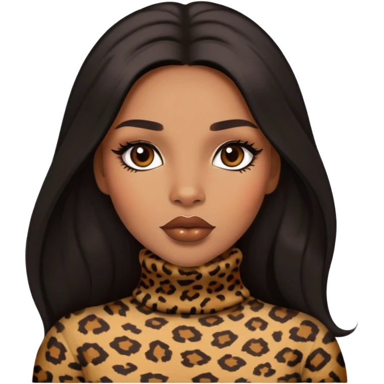 light brown skin tone, very beautiful woman, with big plump lips, long long lashes, black straight long hair, brown eyes, leopard turtle neck emoji