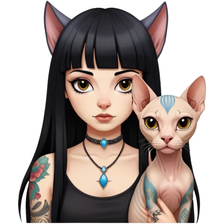 girl with long black  straight bangs hair and tattoos and a Sphynx emoji