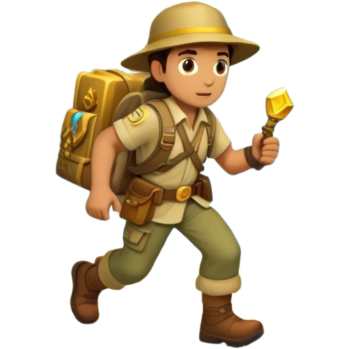an adventure game, inspired by Uncharted-2. The design features a rugged explorer navigating through ancient ruins, with treasure and obstacles in the background. A dynamic environment with jungle, cliffs, and puzzles highlights the thrill of discovery and action. Transparent background. emoji