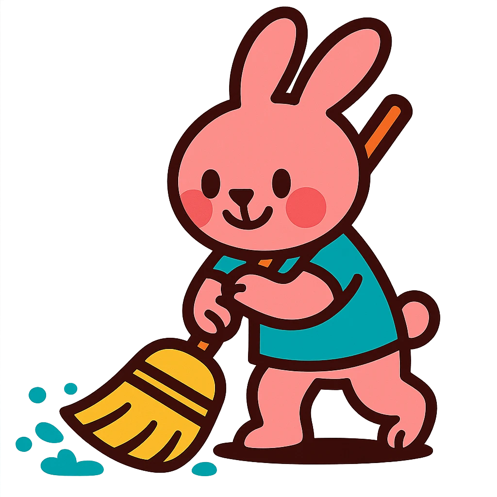 rosy bunny sweeping floor with broom, vibrant-toon style emoji