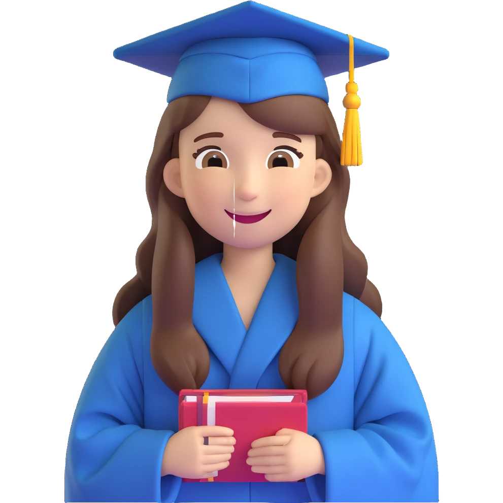 girl with long brown hair in graduation clothes with hat and robe smiling, emoji style emoji