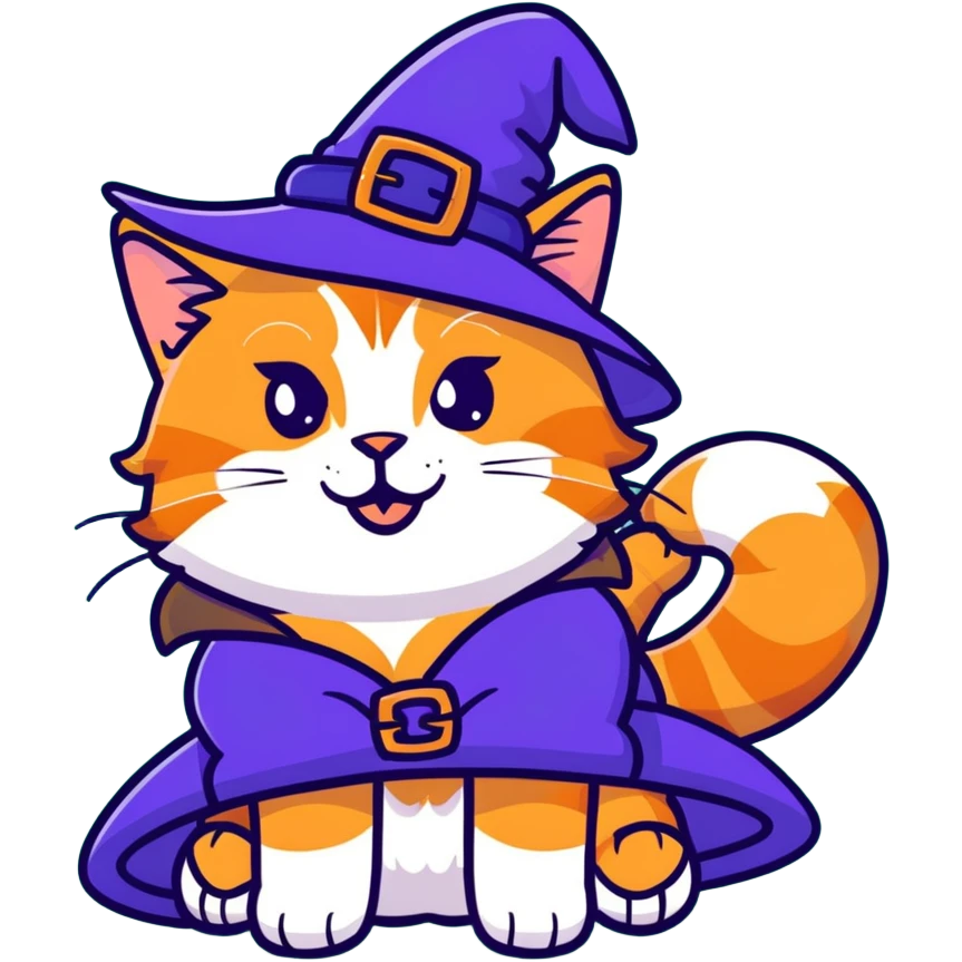 full body Maine coon ginger tabby cat flopped over on her back wearing an indigo witch hat emoji