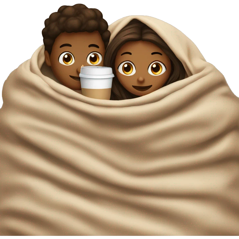 TAN SKIN GIRL AND BROWN SKIN BOY inside a blanket sipping coffee emoji