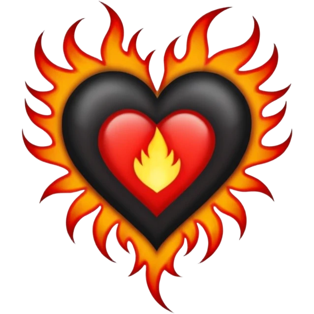 Black and red heart with small flames and no flames in the center  tattoo style emoji