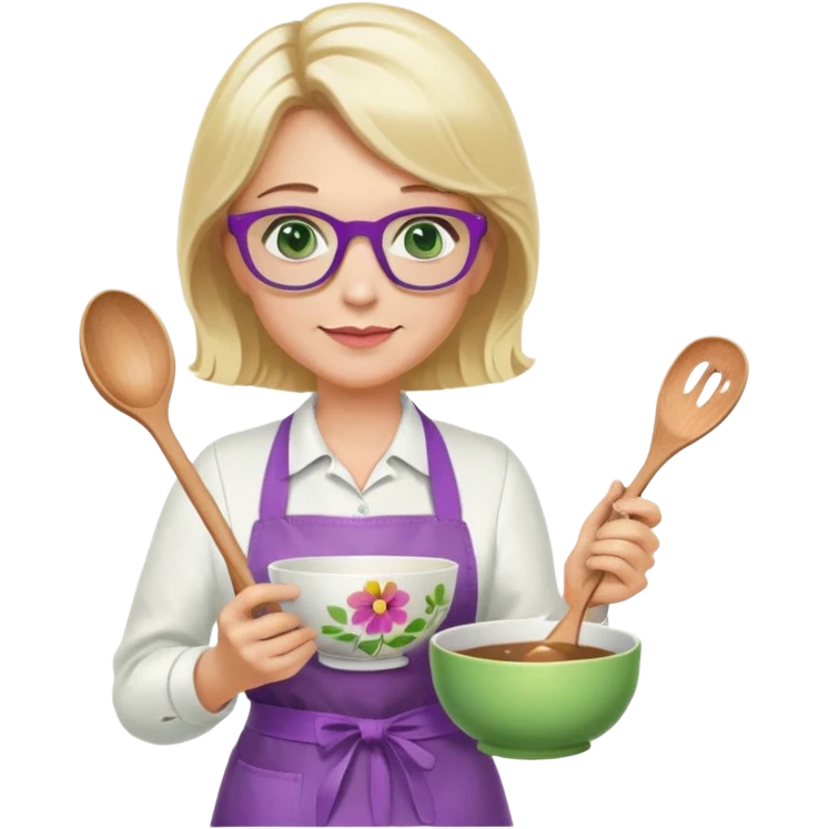 middle aged woman with shoulder length blonde hair, purple glasses, green eyes, wearing a flower apron, holding a bowl in one hand and a mixing spoon in the other emoji