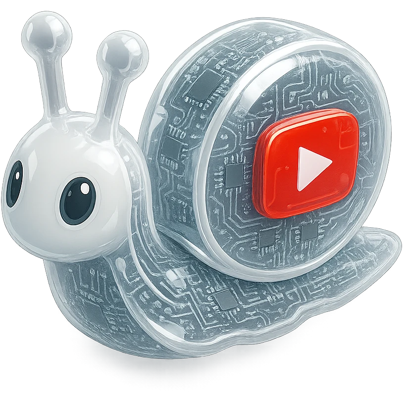 white robot snail with YouTube play button, glossy circuit style emoji