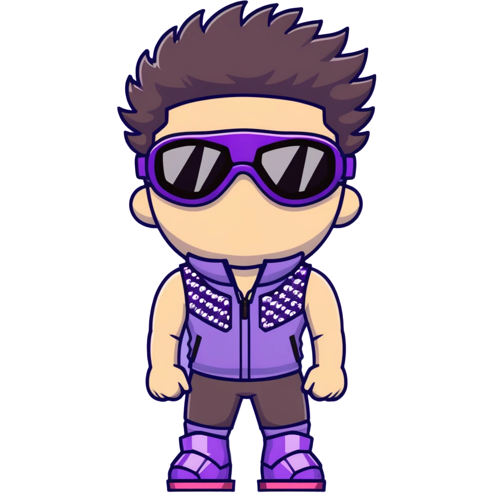 male athlete with white skin and moderately curly dark brown hair on top with shaved sides, wearing ski goggles with purple frames and very dark black lenses, a simple plain black chain necklace, and a completely unzipped sleeveless vest with purple and black sequin fire pattern design with no logo, fully revealing his chest, shoulders and arms, no earrings emoji