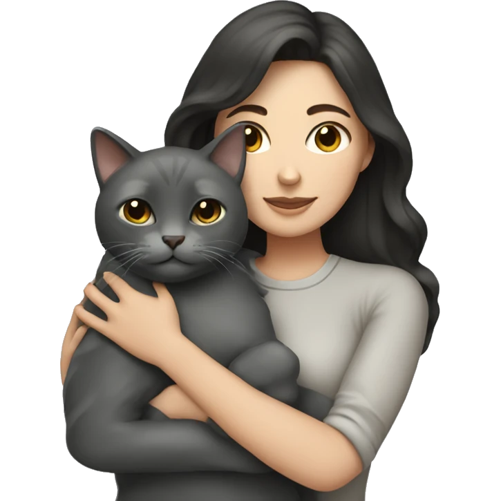  white woman with dark hair cuddling grey cat emoji